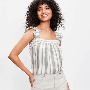 LOFT Cream Striped Ruffle Shoulder Tank Linen Blend Size Medium